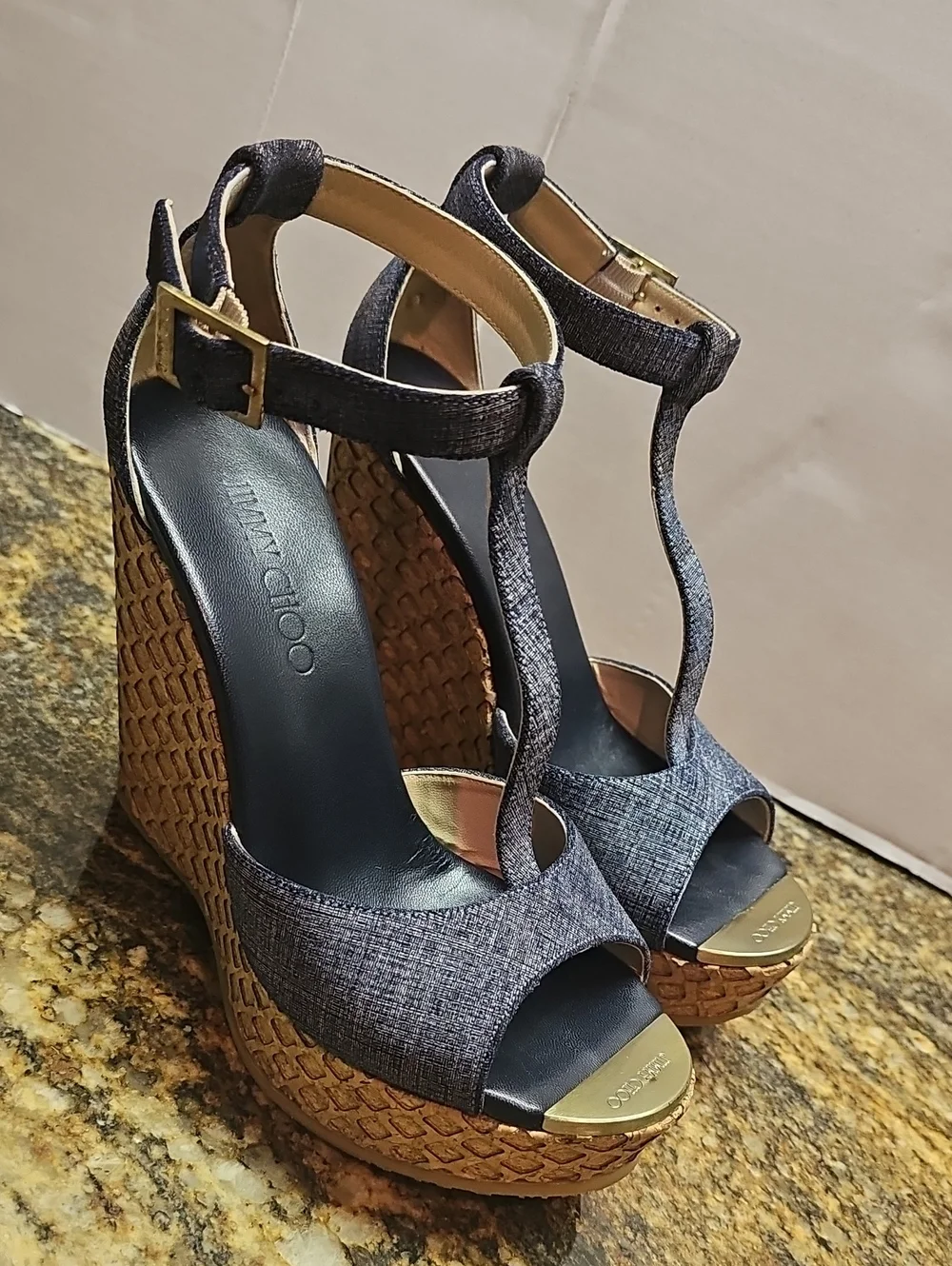 Jimmy Choo Pela Denim Blue T- Strap Wedge Sandals